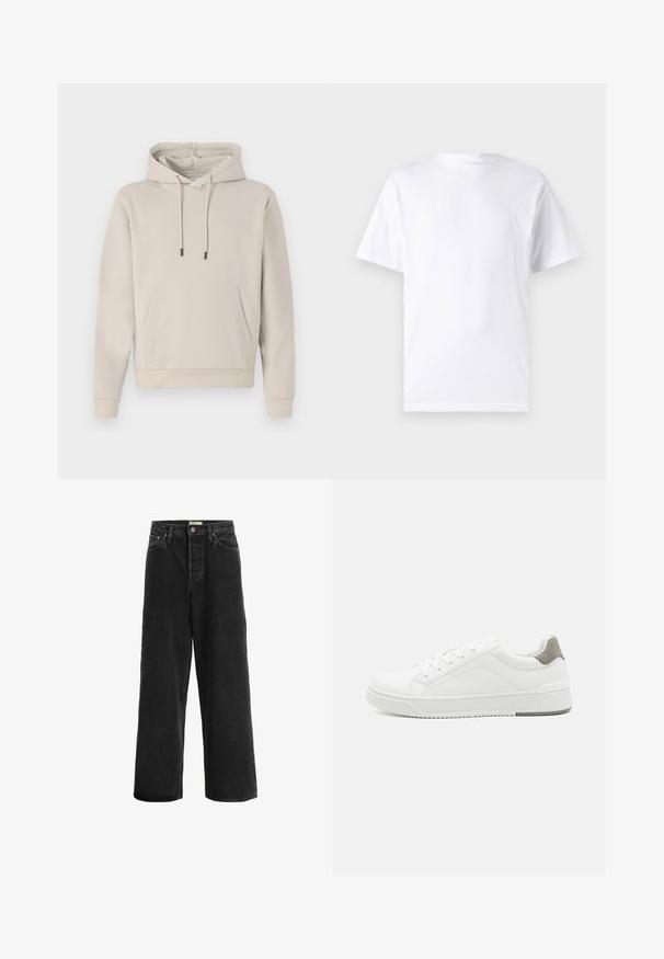 Hoodie in lichtbeige, met een voorzak, trekkoorden en geribbelde manchetten. Gemaakt van zacht, glad materiaal met een losse pasvorm.; Witte T-shirt met korte mouwen, gemaakt van katoen, met een ronde hals. Het heeft een gladde textuur en een eenvoudig ontwerp zonder patronen of accenten.; Zwarte wijde jeans gemaakt van denim stof. Heeft een hoge taille, twee voorklepjes, een knoopsluiting en subtiele stikseldetails.; Witte sneaker van glad leer met een ronde neus, minimalistisch ontwerp, grijze hielaccent en een geplaatste rubberen zool.