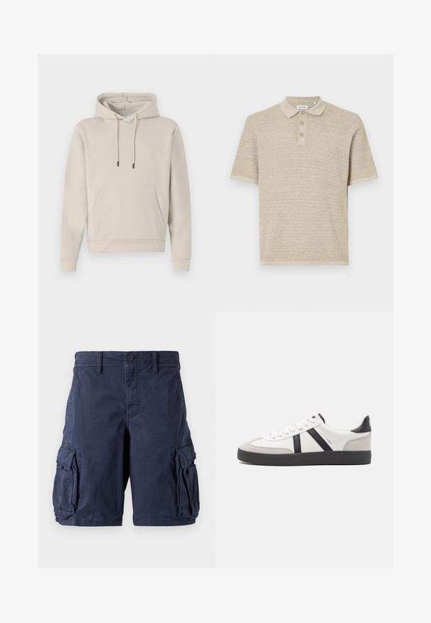 Hættebluse i lys beige med en frontlomme, snoretræk og ribbede manchetter. Lavet af blødt, glat stof med en afslappet pasform.; Beige polo skjorte, korte ærmer, tekstureret strikstof, tre-knaps lukning, klassisk krave, subtilt mønster, afslappet pasform.; Mørkeblå cargo shorts lavet af bomuld. Har flere sidelommer, knappelukning og en afslappet pasform. Glat tekstur og holdbart design.; Hvide sneakers med sorte og grå detaljer, med en tekstureret grå tåhætte, sort gummisål og flade hvide snørebånd. Rent design, minimalistisk stil.