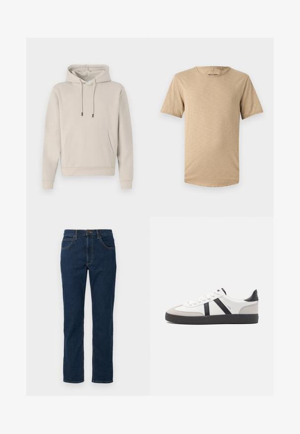 Sweat-shirt à capuche beige clair, avec une poche avant, des cordons de serrage et des poignets côtelés. Fabriqué en tissu doux et lisse avec une coupe décontractée.; T-shirt beige à manches courtes en tissu doux. Il présente un col rond et une surface légèrement texturée avec un ourlet arrondi.; Jean en denim bleu foncé avec une coupe droite, design classique à cinq poches, couture visible de couleur contrastante et fermeture à bouton.; Baskets blanches avec des accents noirs et gris, présentant un embout texturé gris, une semelle en caoutchouc noir et des lacets plats blancs. Design épuré, style minimaliste.