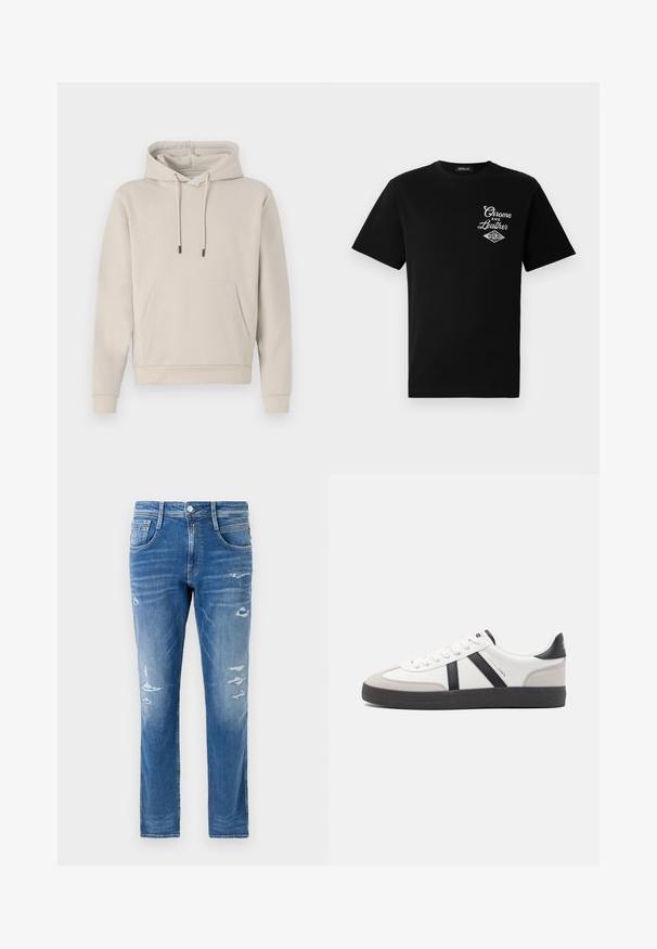 Hættebluse i lys beige med en frontlomme, snoretræk og ribbede manchetter. Lavet af blødt, glat stof med en afslappet pasform.; Sort bomulds T-shirt med korte ærmer, der har et hvidt "Chrome and Leather" grafik på venstre bryst og brandnavnet "REPLAY."; Denim jeans i en lys blå vask med almindelig pasform. Har slidte detaljer og subtilt slid ved lommerne og knæene.; Hvide sneakers med sorte og grå detaljer, med en tekstureret grå tåhætte, sort gummisål og flade hvide snørebånd. Rent design, minimalistisk stil.