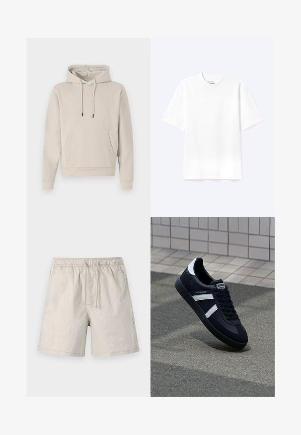 Hættebluse i lys beige med en frontlomme, snoretræk og ribbede manchetter. Lavet af blødt, glat stof med en afslappet pasform.; Enkel hvid T-shirt med korte ærmer og rund hals med afslappet pasform, vist på en lys baggrund.; Beige shorts lavet af letvægtsstof, med elastisk talje, snoretræk og sidelommer med kontrasterende syninger.; Sort lædersneaker med hvide striber, tekstureret gummisål og snørrebånd foran. Har et brandet mærke på tungen.