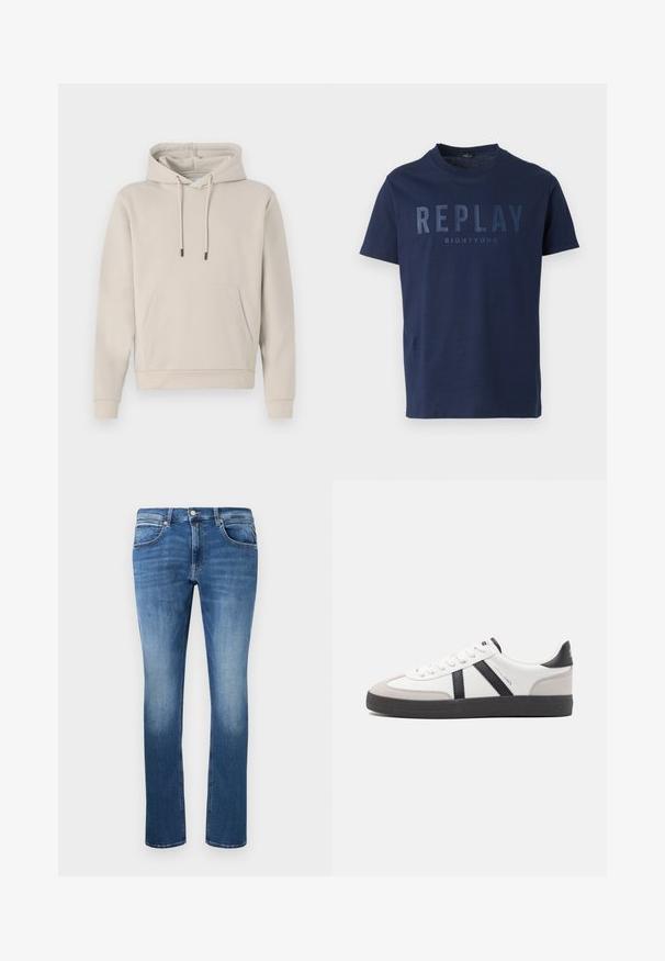 Kapuzensweatshirt in hellbeige, mit einer Fronttasche, Kordelzügen und gerippten Bündchen. Aus weichem, glattem Stoff gefertigt mit einer lockeren Passform.; Navyblaues T-Shirt mit kurzen Ärmeln und Rundhalsausschnitt, mit großem "REPLAY"-Schriftzug und kleinerem "EIGHTYONE"-Text auf der Brust.; Blaue Jeans aus Denim mit geradem Schnitt, mit leichter Ausbleichung, fünf Taschen und einem Knopf- und Reißverschluss. Genähte Details entlang der Nähte.; Weiße Sneaker mit schwarz- und grau-aczenten, ausgestattet mit einer strukturierten grauen Zehenkappe, schwarzer Gummi-Sohle und flachen weißen Schnürsenkeln. Sauberes Design, minimalistische Stil.