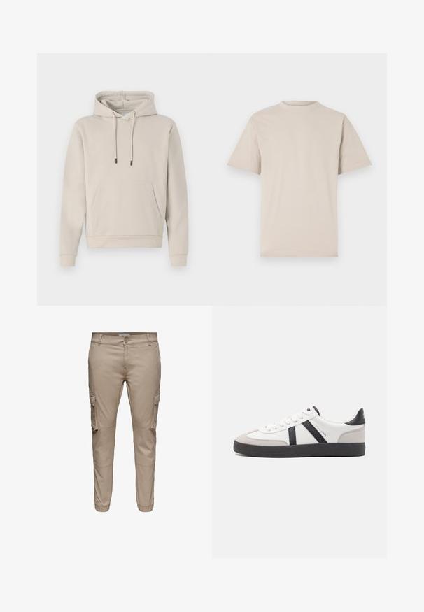 Sweat-shirt à capuche beige clair, avec une poche avant, des cordons de serrage et des poignets côtelés. Fabriqué en tissu doux et lisse avec une coupe décontractée.; T-shirt beige à manches courtes, col rond, en tissu coton lisse, avec une coupe décontractée et sans motifs ni embellissements visibles.; Pantalon cargo beige à coupe slim avec poches à rabat latérales, fermeture par boutons, passants pour ceinture et poignets élastiques aux chevilles.; Baskets blanches avec des accents noirs et gris, présentant un embout texturé gris, une semelle en caoutchouc noir et des lacets plats blancs. Design épuré, style minimaliste.