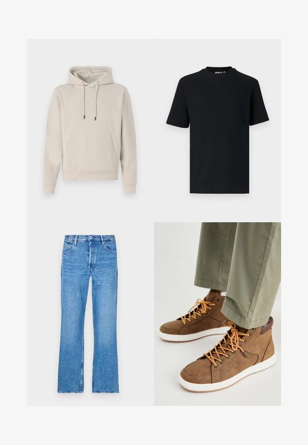 Sudadera con capucha en color beige claro, que cuenta con un bolsillo frontal, cordones y puños acanalados. Fabricada en tejido suave y liso con un corte relajado.; Camiseta negra de manga corta con tejido de canalé, cuello redondo y una pequeña etiqueta visible en el interior del cuello.; Vaqueros azules de pierna recta hechos de mezclilla con un lavado descolorido. Presentan un cierre de botón, lazos para el cinturón y un diseño estándar de cinco bolsillos.; Zapatillas altas marrones hechas de material texturizado, con cordones naranjas, suela blanca y detalles de cuero marrón. Combinadas con pantalones verdes.