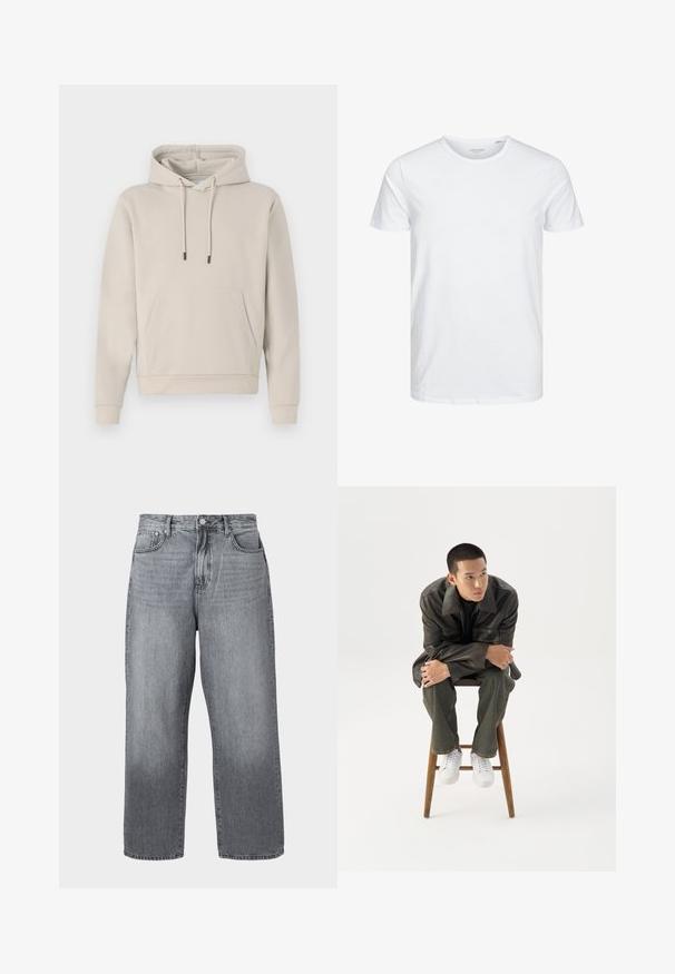Kapuzensweatshirt in hellbeige, mit einer Fronttasche, Kordelzügen und gerippten Bündchen. Aus weichem, glattem Stoff gefertigt mit einer lockeren Passform.; Rundhals-T-Shirt mit kurzen Ärmeln in reinem Weiß, aus weicher Baumwolle, mit einem schlichten Design ohne sichtbare Muster oder Akzente.; Graue Denim-Jeans im weiten Schnitt mit hoher Taille, Fünf-Taschen-Design und Metallverschluss. Der Stoff zeigt leichte Ausbleichungen nahe dem Saum.; Junger Mann in dunkler Lederjacke und Jeans sitzt auf einem Holzstuhl, lehnt sich mit verschränkten Armen nach vorne und schaut seitlich vor weißem Hintergrund.