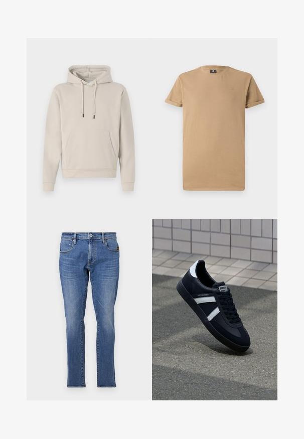 Sweat-shirt à capuche beige clair, avec une poche avant, des cordons de serrage et des poignets côtelés. Fabriqué en tissu doux et lisse avec une coupe décontractée.; T-shirt à manches courtes beige en coton doux, avec un col rond et des manches retroussées, arborant un petit logo sur la poitrine.; Jeans en denim bleu avec un design classique à jambe droite, style cinq poches et accents de coutures oranges. Le tissu est texturé et durable.; Sneaker en cuir noir avec des rayures blanches, semelle en caoutchouc texturée et devant à lacets. Présente une étiquette de marque sur la languette.