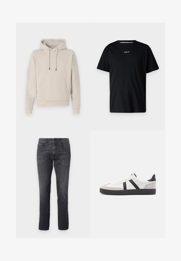 Hættebluse i lys beige med en frontlomme, snoretræk og ribbede manchetter. Lavet af blødt, glat stof med en afslappet pasform.; Sort bomulds t-shirt med rund hals og korte ærmer. Ordet "REPLAY" er broderet i hvidt på tværs af brystet.; Mørkegrå jeans lavet af denim, med et klassisk fem-lomme design, lige pasform og metalknaplukning i taljen.; Hvide sneakers med sorte og grå detaljer, med en tekstureret grå tåhætte, sort gummisål og flade hvide snørebånd. Rent design, minimalistisk stil.