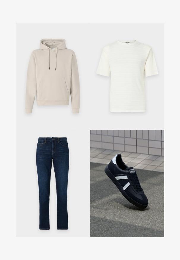 Hættebluse i lys beige med en frontlomme, snoretræk og ribbede manchetter. Lavet af blødt, glat stof med en afslappet pasform.; Hvid kortærmet T-shirt lavet af tekstureret stof med et subtilt vandret mønster. Rund hals design, afslappet pasform.; Mørkeblå denimjeans med slim fit, standard fem lomme-design og lukning med knap og lynlås. Glat tekstur med minimal falming.; Sort lædersneaker med hvide striber, tekstureret gummisål og snørrebånd foran. Har et brandet mærke på tungen.