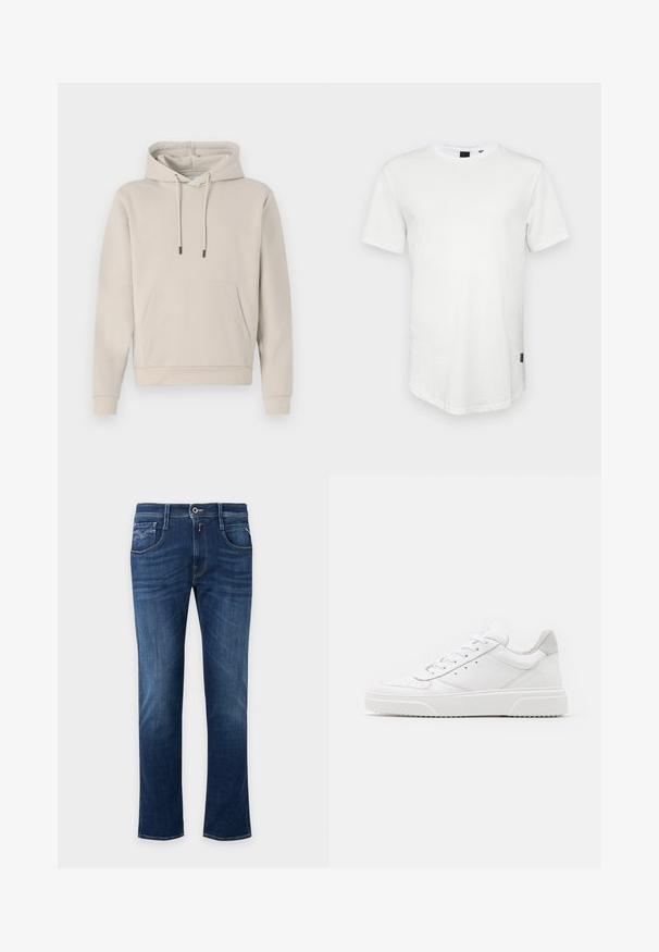 Sweat-shirt à capuche beige clair, avec une poche avant, des cordons de serrage et des poignets côtelés. Fabriqué en tissu doux et lisse avec une coupe décontractée.; T-shirt blanc à manches courtes en coton, avec un col rond et un dos légèrement allongé, arborant un petit logo sur le côté.; Jean droit bleu foncé avec bouton devant, fermeture éclair et design à cinq poches.; Des baskets en cuir blanc avec une finition lisse, un bout rond, des lacets plats et une semelle texturée. Accents en daim gris au niveau du talon.