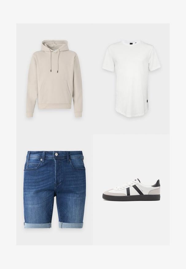 Kapuzensweatshirt in hellbeige, mit einer Fronttasche, Kordelzügen und gerippten Bündchen. Aus weichem, glattem Stoff gefertigt mit einer lockeren Passform.; Weißes T-Shirt mit kurzen Ärmeln aus Baumwolle, mit Rundhalsausschnitt und einem leicht verlängerten Rückenteil, sowie einem kleinen Logo-Akzent an der Seite.; Dunkelblaue Denim-Shorts mit glatter Textur, ausgestattet mit einem umgeschlagenen Saum, einem Fünf-Taschen-Design und einem Metallknopfverschluss an der Taille.; Weiße Sneaker mit schwarz- und grau-aczenten, ausgestattet mit einer strukturierten grauen Zehenkappe, schwarzer Gummi-Sohle und flachen weißen Schnürsenkeln. Sauberes Design, minimalistische Stil.