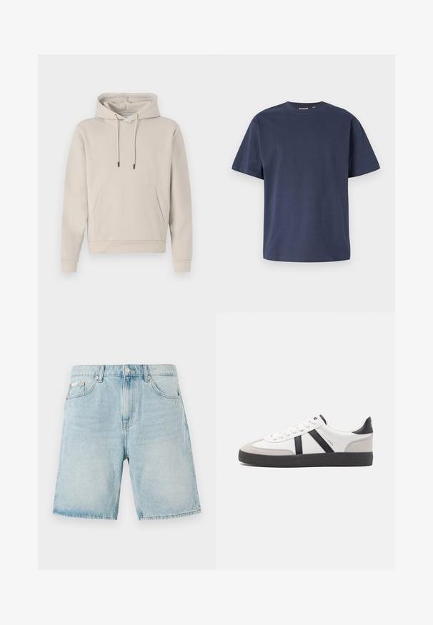 Sweat-shirt à capuche beige clair, avec une poche avant, des cordons de serrage et des poignets côtelés. Fabriqué en tissu doux et lisse avec une coupe décontractée.; T-shirt en coton bleu marine avec un col rond et des manches courtes. Texture lisse, coupe droite et coutures minimales, offrant un design classique.; Shorts en denim bleu clair avec une coupe ample, dotés de poches avant, d'une fermeture à bouton et d'un léger délavage.; Baskets blanches avec des accents noirs et gris, présentant un embout texturé gris, une semelle en caoutchouc noir et des lacets plats blancs. Design épuré, style minimaliste.