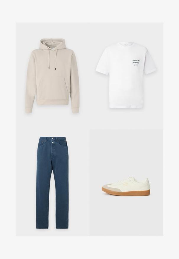 Sudadera con capucha en color beige claro, que cuenta con un bolsillo frontal, cordones y puños acanalados. Fabricada en tejido suave y liso con un corte relajado.; Camiseta blanca de manga corta con pequeño texto negro "Studio '90 Originals" y texto adicional más pequeño en el lado izquierdo del pecho.; Jeans azules de corte recto, con una cintura alta, dos bolsillos frontales y cierre de botón. La tela parece suave y sin adornos.; Zapatilla de cuero blanca con puntera beige y suela de goma marrón claro. Presenta cordones planos blancos y una marca en relieve en el lateral.