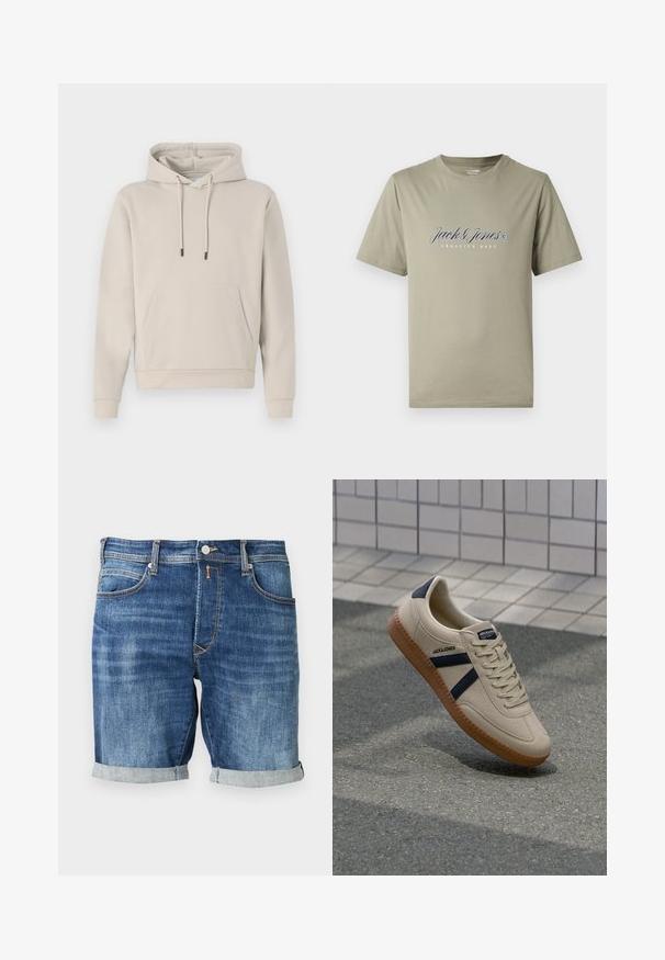 Sweat-shirt à capuche beige clair, avec une poche avant, des cordons de serrage et des poignets côtelés. Fabriqué en tissu doux et lisse avec une coupe décontractée.; T-shirt en coton vert olive à manches courtes, avec le logo blanc "Jack & Jones" et le texte "Creative Dept" dans un design simple et épuré.; Short en jean d'un bleu moyen, présentant un design classique avec un revers roulé à l'ourlet, des coutures contrastantes et des poches avant.; Baskets beiges avec une finition texturée, bandes navy et semelle en caoutchouc. Équipées d'une languette rembourrée et d'un système de laçage traditionnel pour un maintien sécurisé.