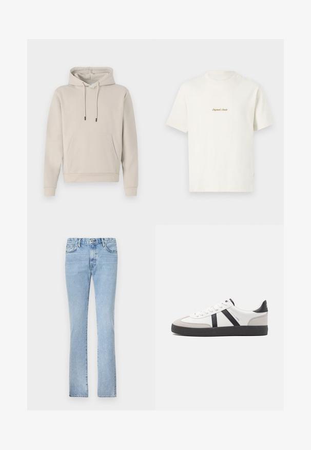 Kapuzensweatshirt in hellbeige, mit einer Fronttasche, Kordelzügen und gerippten Bündchen. Aus weichem, glattem Stoff gefertigt mit einer lockeren Passform.; Cremefarbens Baumwoll-T-Shirt mit kurzen Ärmeln, Rundhalsausschnitt und gesticktem "Original Studio"-Logo in Gold auf der Brust. Weiche Textur.; Helle blaue Jeans aus Denim mit geradem Bein, Fünf-Taschen-Design und Knopfverschluss. Glatte Textur und gleichmäßige Ausbleichung.; Weiße Sneaker mit schwarz- und grau-aczenten, ausgestattet mit einer strukturierten grauen Zehenkappe, schwarzer Gummi-Sohle und flachen weißen Schnürsenkeln. Sauberes Design, minimalistische Stil.