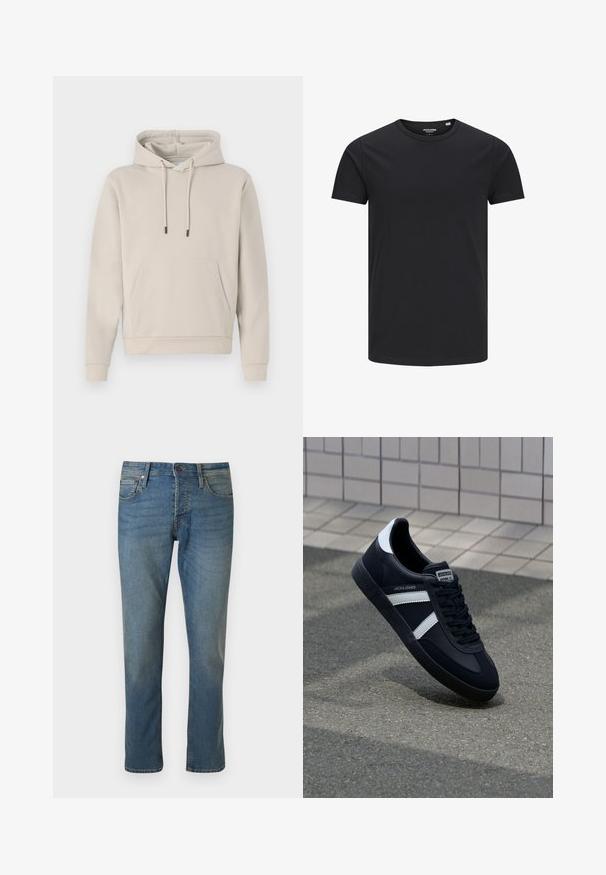 Kapuzensweatshirt in hellbeige, mit einer Fronttasche, Kordelzügen und gerippten Bündchen. Aus weichem, glattem Stoff gefertigt mit einer lockeren Passform.; Schwarzes Baumwoll-T-Shirt mit Rundhalsausschnitt, kurzen Ärmeln und schlichtem Design. Glatte Textur, keine Muster oder sichtbare Beschläge.; Straight-leg blaue Jeans aus Denim mit Vordertaschen, Gürtelschlaufen und Knopfverschluss auf einfarbigem Hintergrund.; Schwarze Leder-Sneaker mit weißen Streifen, strukturiertem Gummisohle und Schnürung. Verfügt über ein Markenetikett auf der Zunge.