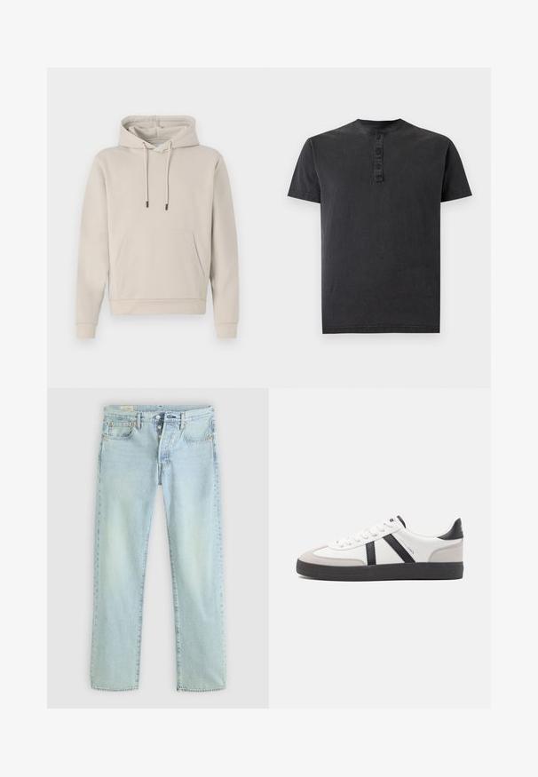 Hættebluse i lys beige med en frontlomme, snoretræk og ribbede manchetter. Lavet af blødt, glat stof med en afslappet pasform.; Sort henley T-shirt med korte ærmer, tre-knaps stolpelukning og rund hals på ensfarvet baggrund.; Lyseblå denimjeans med lige pasform, fem lommer, knapgylp og subtil falming. Har syninger og kobbernitter som detaljer.; Hvide sneakers med sorte og grå detaljer, med en tekstureret grå tåhætte, sort gummisål og flade hvide snørebånd. Rent design, minimalistisk stil.