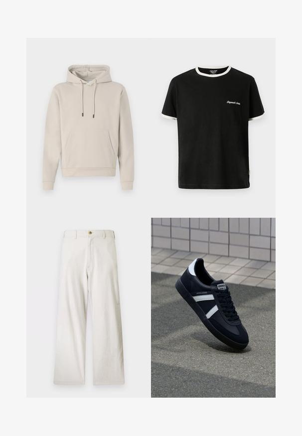 Sudadera con capucha en color beige claro, que cuenta con un bolsillo frontal, cordones y puños acanalados. Fabricada en tejido suave y liso con un corte relajado.; Jack & Jones T- - Camiseta básica - black; Pantalones de pierna ancha beige fabricados en algodón, con cremallera y cierre de un botón. Cuenta con bolsillos frontales y un acabado de tela texturizada.; Zapatilla de cuero negra con rayas blancas, suela de goma texturizada y parte frontal con cordones. Cuenta con una etiqueta de marca en la lengüeta.