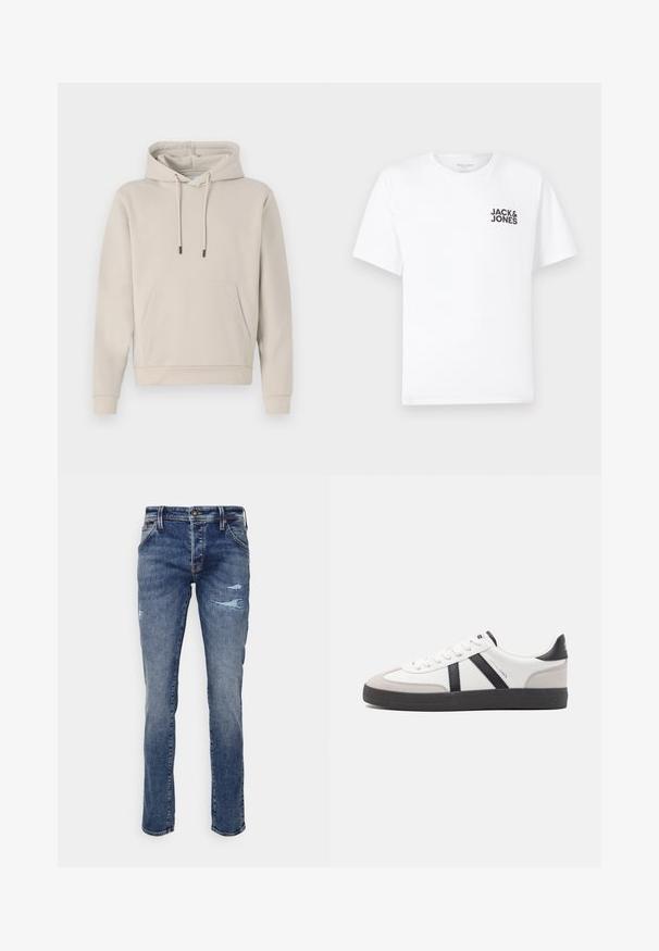 Hættebluse i lys beige med en frontlomme, snoretræk og ribbede manchetter. Lavet af blødt, glat stof med en afslappet pasform.; Hvid bomulds t-shirt, korte ærmer, rund hals. Har et sort tekstlogo "JACK & JONES" på venstre brystområde. Enkelt, ensartet design.; Blå denim jeans med lige pasform, der har let slid og frynser ved knæene. Klassisk fem-lomme design, lynlåslukning.; Hvide sneakers med sorte og grå detaljer, med en tekstureret grå tåhætte, sort gummisål og flade hvide snørebånd. Rent design, minimalistisk stil.