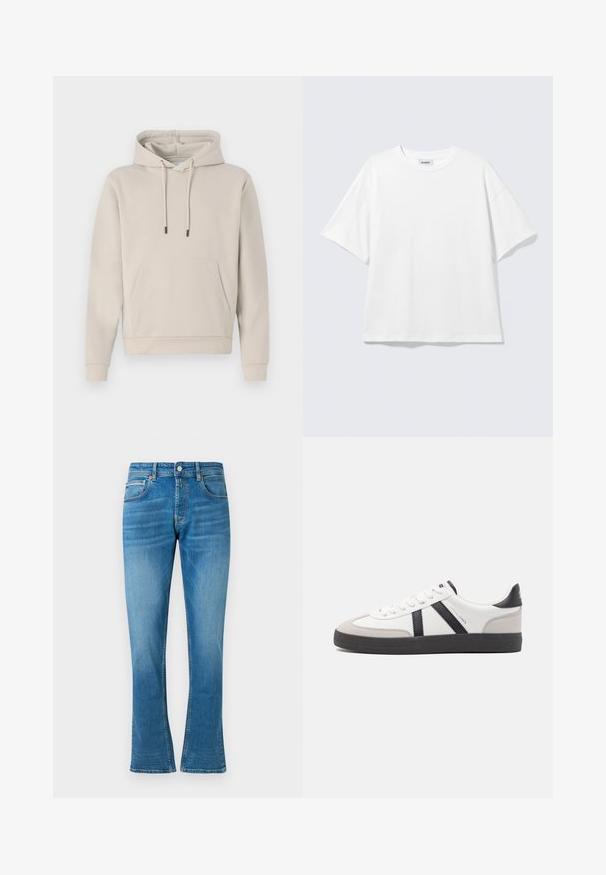 Sweat-shirt à capuche beige clair, avec une poche avant, des cordons de serrage et des poignets côtelés. Fabriqué en tissu doux et lisse avec une coupe décontractée.; T-shirt blanc oversize à manches courtes, col rond, épaules tombantes, posé à plat sur fond gris clair.; Jean en denim bleu évasés avec une taille mi-haute, deux poches avant et un léger délavage. Le tissu a une texture douce et des coutures traditionnelles.; Baskets blanches avec des accents noirs et gris, présentant un embout texturé gris, une semelle en caoutchouc noir et des lacets plats blancs. Design épuré, style minimaliste.
