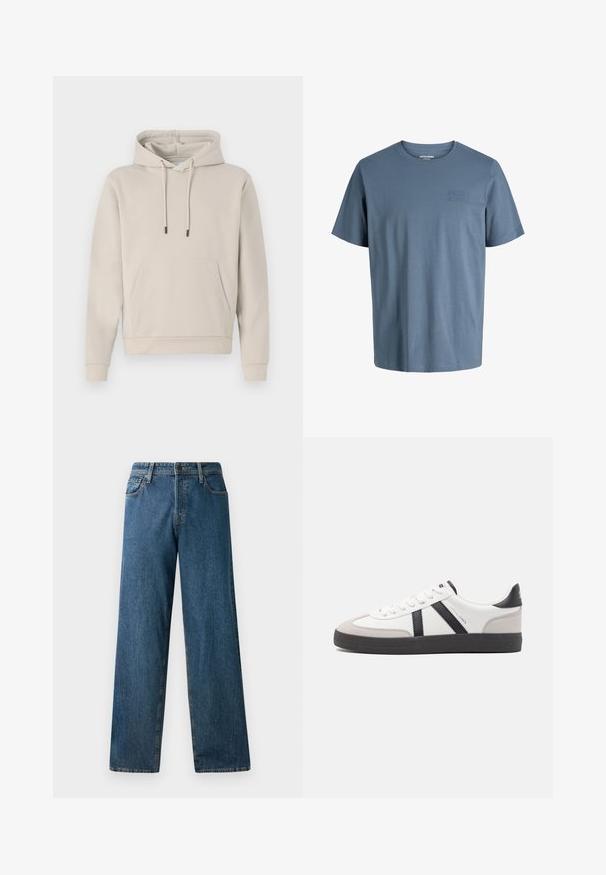 Hættebluse i lys beige med en frontlomme, snoretræk og ribbede manchetter. Lavet af blødt, glat stof med en afslappet pasform.; Jack & Jones JJECORP LOGO TEE SS O-NECK NOOS - T-shirts basic - blue mirage; Mørkeblå denimjeans med en afslappet pasform, lige ben, fem lommer og kontrasterende syninger. Har en frontknap og lynlås lukning.; Hvide sneakers med sorte og grå detaljer, med en tekstureret grå tåhætte, sort gummisål og flade hvide snørebånd. Rent design, minimalistisk stil.