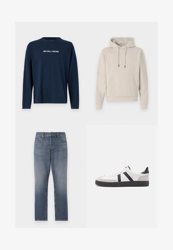 Sudadera con capucha en color beige claro, que cuenta con un bolsillo frontal, cordones y puños acanalados. Fabricada en tejido suave y liso con un corte relajado.; Camiseta de manga larga en color navy hecha de algodón, con cuello redondo y el texto "RED BULL RACING" en blanco en el pecho.; Jeans de mezclilla azul oscuro, diseño de pierna recta, con un lavado desgastado, cinco bolsillos y herrajes en tono cobre. Look limpio y clásico.; Zapatilla blanca con acentos en negro y gris, que presenta una puntera texturizada en gris, suela de goma negra y cordones planos blancos. Diseño limpio, estilo minimalista.