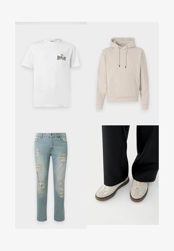 Kapuzensweatshirt in hellbeige, mit einer Fronttasche, Kordelzügen und gerippten Bündchen. Aus weichem, glattem Stoff gefertigt mit einer lockeren Passform.; Weißes Baumwoll-T-Shirt mit kurzen Ärmeln, das auf der linken Brust ein schwarzes und goldenes "REPLAY GRAND HOTEL"-Logo zeigt. Einfaches Design, normale Passform.; Helleblaue, distressed Jeans mit eingerissenen Details und ausgefransten Kanten. Klassisches Fünf-Taschen-Design und gerader Beinansatz.; Füße mit beigen Sneakers mit braunen Sohlen und schwarzen Hosen mit weitem Bein auf weißem Hintergrund.