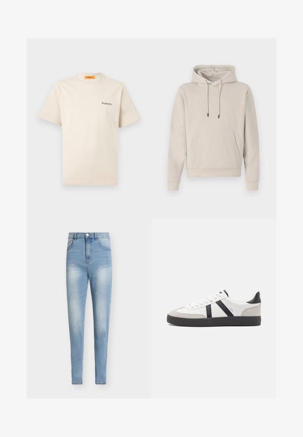 Kapuzensweatshirt in hellbeige, mit einer Fronttasche, Kordelzügen und gerippten Bündchen. Aus weichem, glattem Stoff gefertigt mit einer lockeren Passform.; Replay Inc. ESSENTIAL LOGO UNISEX - T-Shirt basic - ivory; Hellblaue, hoch taillierte Jeans aus Denim-Stoff. Slim Fit mit verwaschenen Details, fünf Taschen und Metallknopfverschluss.; Weiße Sneaker mit schwarz- und grau-aczenten, ausgestattet mit einer strukturierten grauen Zehenkappe, schwarzer Gummi-Sohle und flachen weißen Schnürsenkeln. Sauberes Design, minimalistische Stil.
