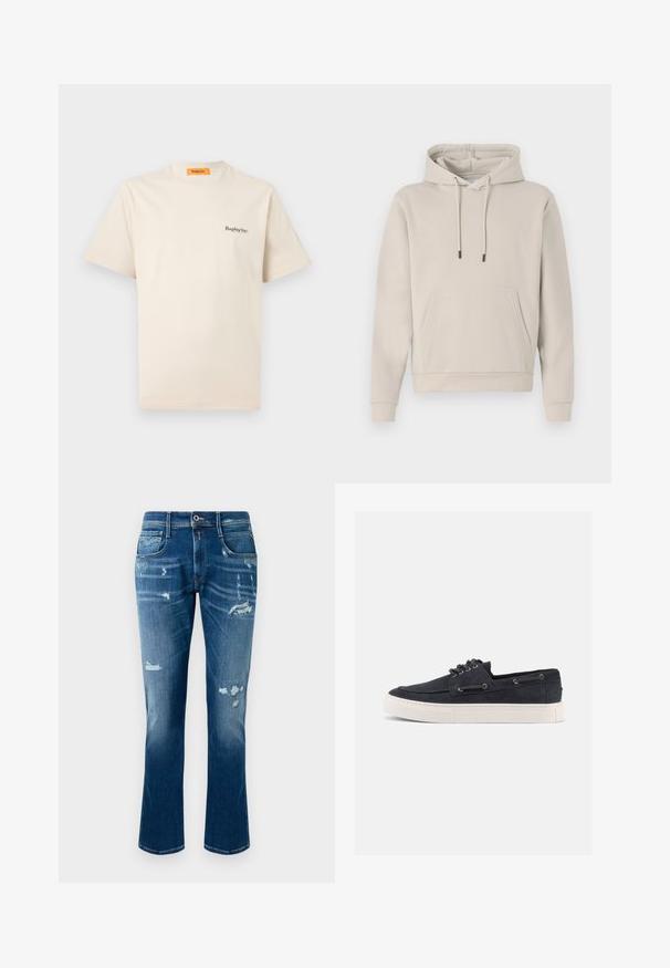 Hoodie in lichtbeige, met een voorzak, trekkoorden en geribbelde manchetten. Gemaakt van zacht, glad materiaal met een losse pasvorm.; Replay Inc. ESSENTIAL LOGO UNISEX - T-shirt basic - ivory; Blauwe spijkerbroek met een rechte pijp, beschadigde details, rafelige patches en een klassieke vijf-pocketstyling.; Casual sneaker van marineblauw suède met witte rubberen zool, zwarte veters en metalen veteroogjes, gezien vanaf de rechterkant tegen een effen achtergrond.