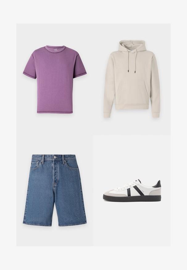 Sudadera con capucha en color beige claro, que cuenta con un bolsillo frontal, cordones y puños acanalados. Fabricada en tejido suave y liso con un corte relajado.; Camiseta de manga corta morada hecha de algodón suave, con cuello redondo y costuras en contraste a lo largo de las costuras.; Bermudas de mezclilla en azul claro con una textura desgastada, diseño de cinco bolsillos y un cierre de botón en la cintura.; Zapatilla blanca con acentos en negro y gris, que presenta una puntera texturizada en gris, suela de goma negra y cordones planos blancos. Diseño limpio, estilo minimalista.