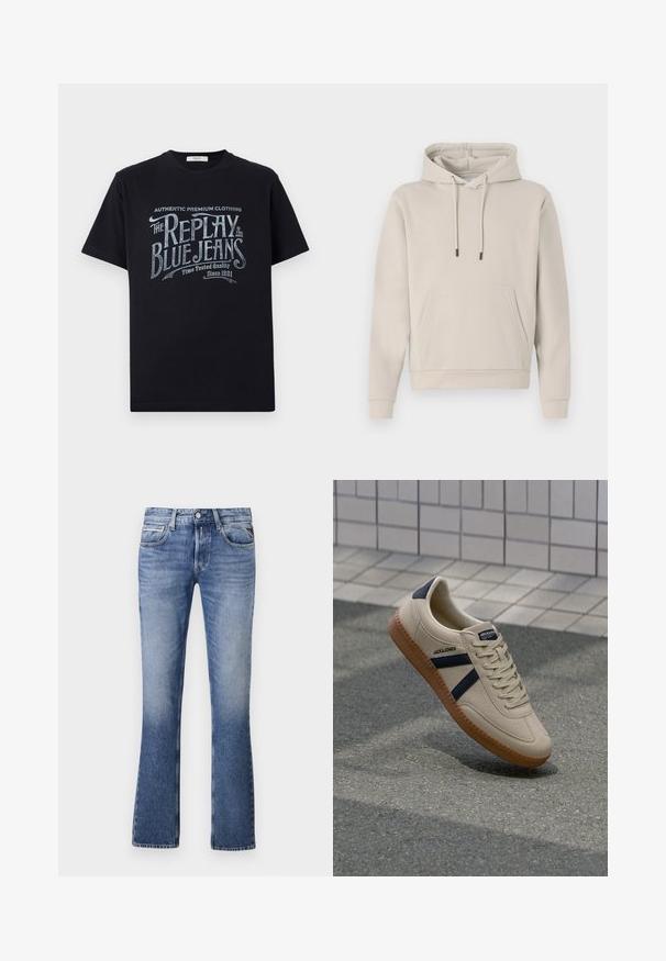 Hoodie in lichtbeige, met een voorzak, trekkoorden en geribbelde manchetten. Gemaakt van zacht, glad materiaal met een losse pasvorm.; Zwarte katoenen t-shirt met korte mouwen en een ronde halslijn, met een vintage-stijl witte en lichtblauwe grafische tekstontwerp op de voorkant.; Lichtblauwe denim jeans met een uitlopende pijpdesign, voorzien van vijf zakken, een knoopsluiting aan de voorkant en subtiele vervaging overal.; Beige sneaker met een textuurafwerking, marineblauwe strepen en een rubberen zool. Heeft een gevoerde tong en een traditioneel vetersysteem voor een veilige pasvorm.