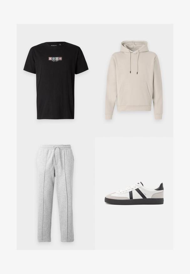 Hoodie in lichtbeige, met een voorzak, trekkoorden en geribbelde manchetten. Gemaakt van zacht, glad materiaal met een losse pasvorm.; Zwarte katoenen T-shirt met een voorzijde graphic van vier kleurrijke geometrische patronen met de tekst "BRAVE SOUL EST. 1972" in het midden.; Grijze sweatpants met een trekkoord in de taille, rechte pijpen, zijnaad en een zachte textuur. Geschikt voor casual draag of sporten.; Witte sneaker met zwarte en grijze accenten, voorzien van een grijze neus met textuur, zwarte rubberen zool en platte witte veters. Schoon ontwerp, minimalistische stijl.