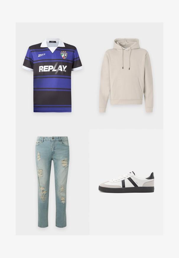 Kapuzensweatshirt in hellbeige, mit einer Fronttasche, Kordelzügen und gerippten Bündchen. Aus weichem, glattem Stoff gefertigt mit einer lockeren Passform.; Schwarz-blaues Fußballtrikot mit horizontalen Streifen, weißem Kragen und "REPLAY"-Logo. Mit einem Wappensymbol mit Sternen darüber.; Helleblaue, distressed Jeans mit eingerissenen Details und ausgefransten Kanten. Klassisches Fünf-Taschen-Design und gerader Beinansatz.; Weiße Sneaker mit schwarz- und grau-aczenten, ausgestattet mit einer strukturierten grauen Zehenkappe, schwarzer Gummi-Sohle und flachen weißen Schnürsenkeln. Sauberes Design, minimalistische Stil.