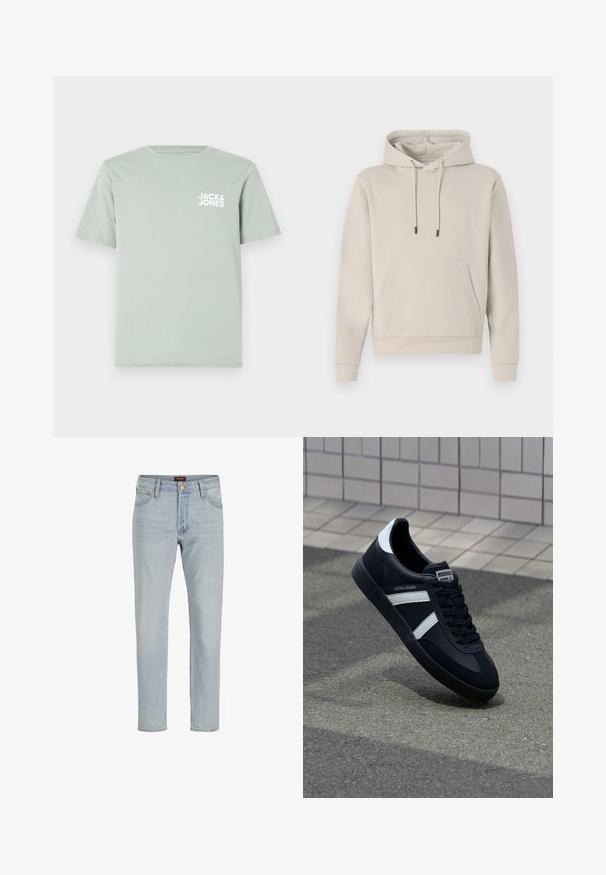 Hættebluse i lys beige med en frontlomme, snoretræk og ribbede manchetter. Lavet af blødt, glat stof med en afslappet pasform.; Lys grøn t-shirt i bomuld med rund halsudskæring og korte ærmer. Har et hvidt logo "JACK & JONES" trykt på venstre bryst.; Lysblå denim jeans med lige snit, fem-lommet design, knaplukning og let slidt tekstur.; Sort lædersneaker med hvide striber, tekstureret gummisål og snørrebånd foran. Har et brandet mærke på tungen.