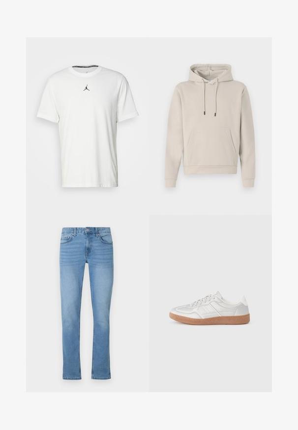 Kapuzensweatshirt in hellbeige, mit einer Fronttasche, Kordelzügen und gerippten Bündchen. Aus weichem, glattem Stoff gefertigt mit einer lockeren Passform.; Weißes kurzärmliges T-Shirt aus Baumwolle mit einem schwarzen Jumpman-Logo auf der Brust und einem runden Halsausschnitt mit einem schwarzen Innenetikett.; Hellblaue Jeans aus Denim mit geradem Bein, fünf Taschen, Knopfverschluss und dezenten Verwaschungen auf der Vorderseite.; Silberne Sneakers mit glatter Textur, Schnürdesign, durchbrochenen Akzenten und einer strukturierten braunen Gummisohle.