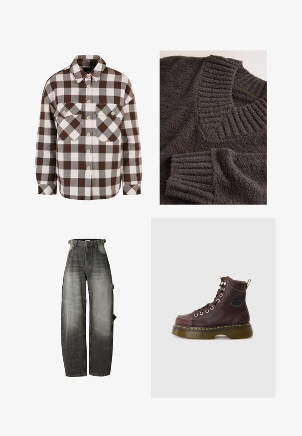 Pull en éponge gris foncé avec un col et des poignets côtelés, offrant une texture douce et un design décontracté. Aucun système de fermeture visible.; Chemise à carreaux marron et blanc avec deux poches poitrine, dotée d'un col classique et d'une fermeture à boutons sur le devant. Texture de tissu douce.; Jean noir délavé coupe large avec taille haute, poches avant et passants de ceinture, avec un détail de poche sur la jambe droite.; Bottine en cuir marron avec une surface texturée, œillets en argent et couture jaune. Dispose d'une semelle épaisse translucide et d'une languette.