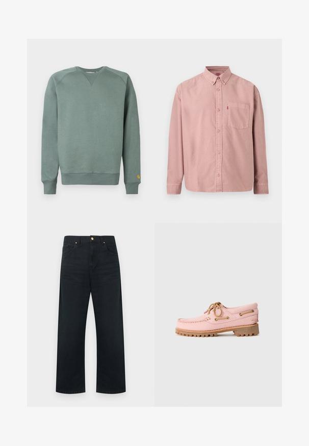 Grøn sweatshirt med lange ærmer, ribbet manchetter og kant, med et tekstureret stof og en lille logo på venstre ærme.; Langærmet, lyserød skjorte med knapper, en lomme foran og knaplukket krave, vist mod en ensfarvet baggrund.; Sorte vidde bukser i denim med fem-lomme design, guldfarvede detaljer og en ren finish på linningen og kanten.; Lyserød læder bådsko med brune snørebånd, metaløjer og en kraftig brun gummisul, vist i profil på en hvid baggrund.
