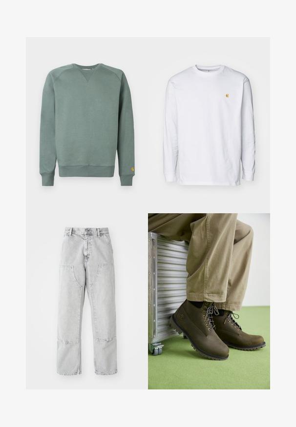 Sweat-shirt vert à manches longues, avec poignets et ourlet côtelés, en tissu texturé et arborant un petit logo sur la manche gauche.; T-shirt à manches longues blanc en coton. Présente un petit logo doré sur la poitrine et un col rond. Design simple et coupe standard.; Pantalons en denim gris clair à coupe ample, avec de grandes poches latérales, des coutures visibles et un design à jambe droite. Passants de ceinture à la taille.; Bottes chelsea en cuir marron avec des bouts ronds, des lacets gris, des œillets renforcés et des semelles en caoutchouc texturé, assorties à un pantalon beige clair.