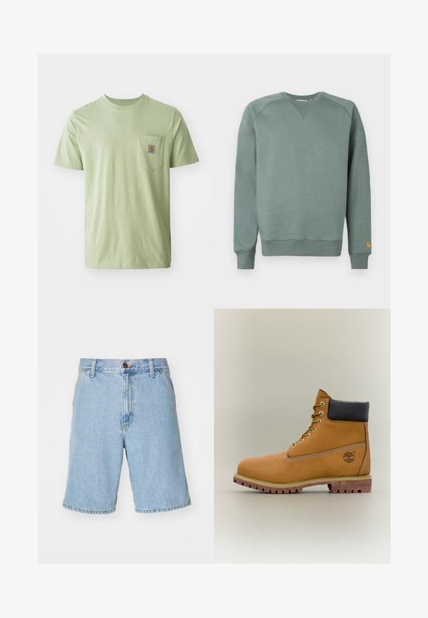 Grüner Sweatshirt mit langen Ärmeln, gerippten Bündchen und Saum, aus strukturiertem Stoff mit kleinem Logo am linken Ärmel.; Helles grünes T-Shirt mit kurzen Ärmeln aus weichem Stoff, mit einer Brusttasche und einem quadratischen Logo-Patch. Schlichtes, unverziertes Design.; Helle blaue Jeansshorts mit lockerer Passform, ausgestattet mit einem Reißverschluss, Knopfverschluss und vier Taschen. Der Stoff hat eine glatte Textur.; Brauner Leder-Stiefelette mit schwarzem Kragen, gelben Schnürsenkeln und hellbrauner Sohle. Verfügt über ein Logo und weiße Ziernähe. Robuste Profilsohle.