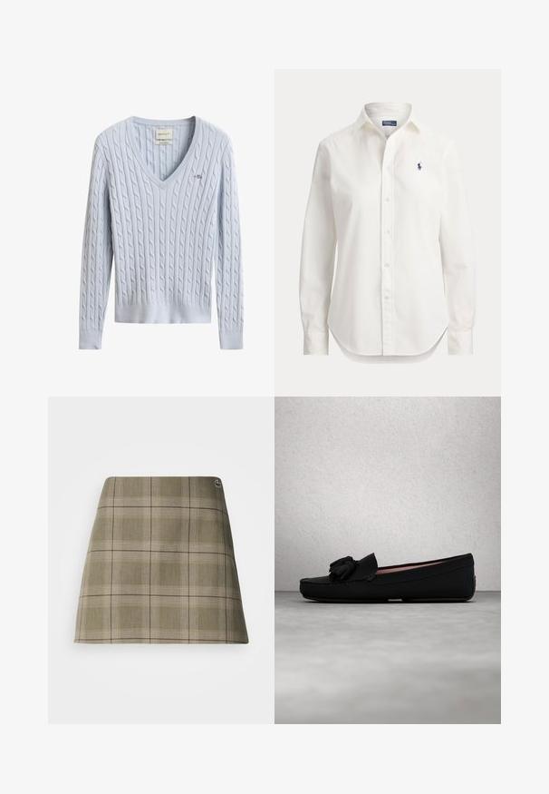 GANT Striktrøje - light blue; Hvid langærmet skjorte med knapper, krave og lille blåt logo af en polospiller på venstre bryst.; Skotsk ternet mini nederdel i olivengrøn og beige, med et lige design, en subtil struktur og en lille logoaccent nær taljen.; Sort mokkasinsko style sko lavet af glat materiale, med et dekorativt frynse, syet detaljering og en flad sål.