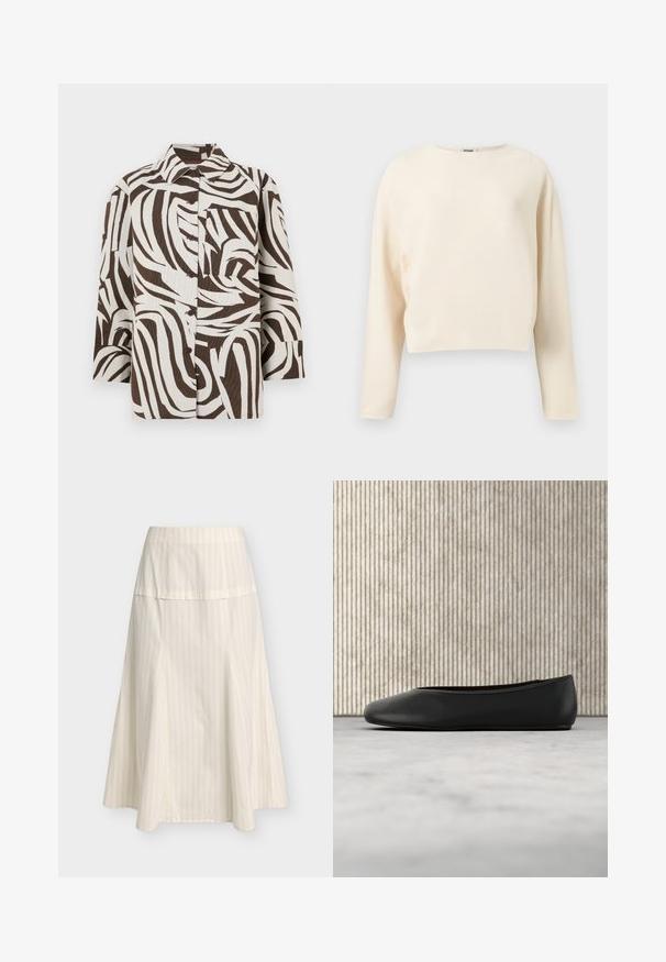 Suéter corto de manga larga color crema con escote redondo, hecho de tela de punto acanalada fina.; Camisa de botonada marrón y blanca con un patrón ondulado. Confeccionada con material texturizado, cuenta con un collar y un bolsillo en el pecho.; Falda línea A color crema con sutiles rayas verticales y una cinturilla ancha ajustada, longitud hasta la rodilla y dobladillo fluido.; Bailarinas de cuero negro con punta redondeada, textura suave y un acento de logo dorado en el costado. Posicionadas sobre una superficie reflectante.