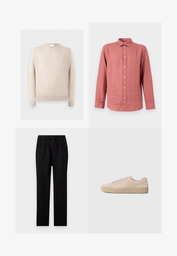 Pull beige à manches longues avec col rond, poignets et ourlet côtelés, présenté sur un fond clair uni.; Chemise à manches longues boutonnée de couleur rose pâle avec un col classique et des boutons blancs, présentée sur un fond clair uni.; Pantalon noir droit avec taille élastique et cordon, en tissu léger.; Baskets en daim beige avec un bout rond, des lacets plats et une semelle en caoutchouc texturé. Design minimaliste avec des bords lisses et des coutures discrètes.