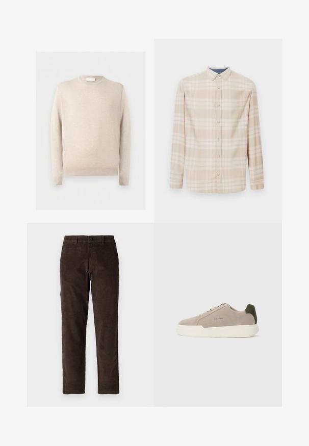 Beige trui met lange mouwen en een ronde hals, met geribde boorden en zoom, getoond tegen een effen lichte achtergrond.; Beige geruite langwerpige blouse met een knoopsluiting, knopen aan de voorkant en subtiele blauwe accenten bij de halslijn. Gemaakt van zachte stof.; Bruine corduroybroek met een recht model, voorzien van een knoopsluiting aan de voorkant en standaard riemlussen. Soepele textuur en een klassieke snit.; Beige suède sneakers met een witte rubberen zool, voorzien van een donkergroene hielaccent en subtiele branding aan de zijkant.