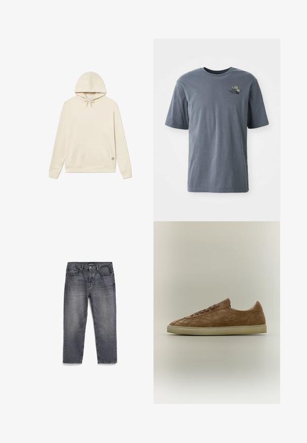 Helle Kapuzenpullover aus weichem Stoff mit einer Kängurutasche und einem kleinen gestickten Logo unten rechts.; Graues Kurzarm-T-Shirt aus Baumwolle, mit einem kleinen gestickten Logo und floralem Design im linken Brustbereich.; Graue Denim-Jeans mit einem ausgewaschenen Finish, gerade geschnitten, mit fünf Taschen und einer leicht abgenutzten Textur.; Brauner Wildleder-Sneaker mit flachen Schnürsenkeln und beiger Gummisohle, im Seitenprofil auf neutralem Hintergrund gezeigt.