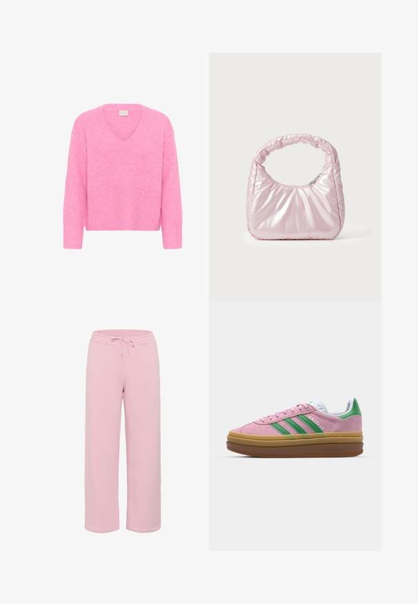 Blød, langærmet pink striktrøje med V-hals og ribbede manchetter og kant, præsenteret mod en hvid baggrund.; Lyserøde sweatpants lavet af blødt stof, med bred ben-designet, elastisk talje med snørelås og afsluttede kanter.; Lyserøde ruskindsneakers med grønne striber, hvide accenter og en brun gummisål. Har tekstureret stof og logodetaljer på siden.; Rosa, polstret håndtaske med afrundet design, lavet af skinnende materiale. Har et samlet håndtag og en lynlås til sikker adgang.