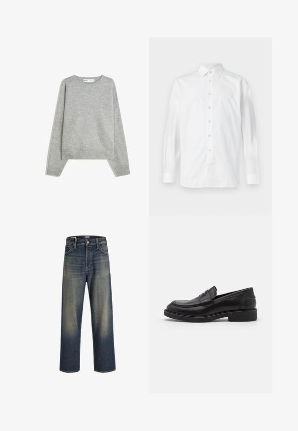 Grå strikket sweater med rund halsudskæring, ribbede manchetter og kant, med en afslappet pasform og blød tekstur.; Hvid langærmet skjorte med knapper, spredekrave og knapmanchetter, vist på en ensfarvet hvid baggrund.; Bredde ben jeans i mørkeblå denim med en gradient finish, der har en knaplukning, fem lomme-design og strukturerede syninger.; Sorte læder loafers med en rund tå, tonale syninger og en stropdetalje foran. Gummisål med en lav hæl.