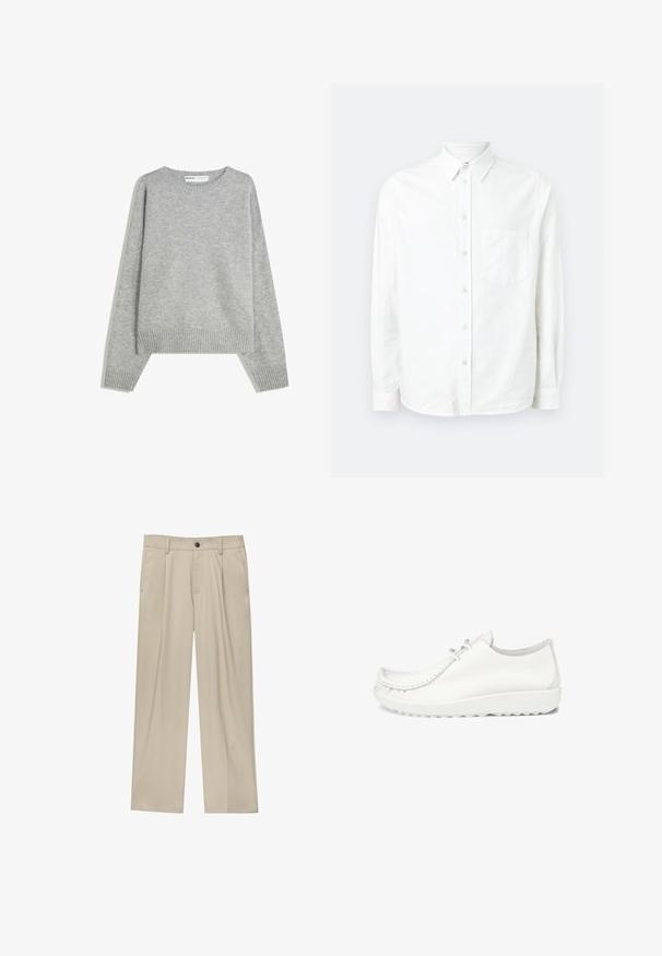 Grijze gebreide trui met een ronde halslijn, geribbelde manchetten en zoom, met een relaxed fit en een zachte textuur.; Witte lange mouwen knoopshirt gemaakt van lichtgewicht stof. Heeft een voorzak, klassieke kraag en een subtiele textuur.; Beige broek met een rechte snit, voorzien van een enkele zwarte knoop, riemlussen en zijzakken. Glad stoffen textuur en een minimalistisch ontwerp.; Witte leren schoenen met een ronde neus, gestikte details en een lichte witte zool. Voorzien van twee oogjes voor veters.