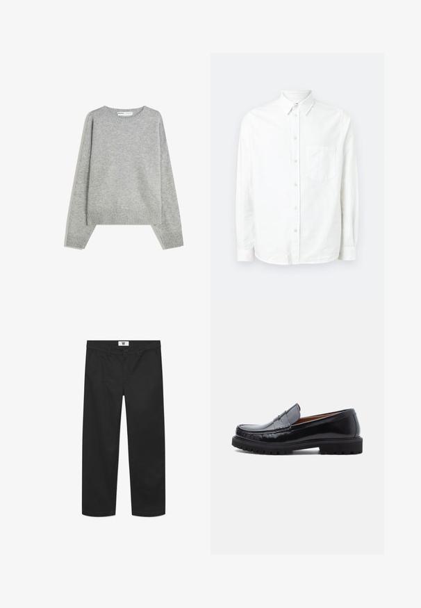 Grå strikket sweater med rund halsudskæring, ribbede manchetter og kant, med en afslappet pasform og blød tekstur.; Hvid langærmet skjorte med knaplukning lavet af letvægtsstof. Har en frontlomme, klassisk krave og subtil tekstur.; Sorte chinos lavet af glat bomuldsstof. Har en knaplukning, forlommer og et lige ben-design med rene kanter.; Sorte læder penny loafer med chunky gummisål og moc toe syninger, vist i profil på en hvid baggrund.
