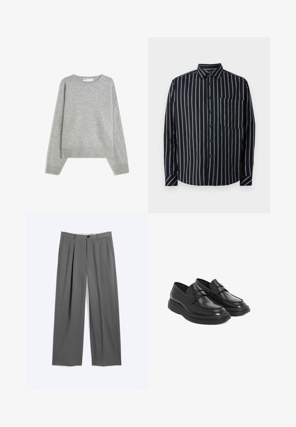 Grauer Strickpullover mit Rundhalsausschnitt, Rippbündchen und -saum, mit entspannter Passform und weichem Material.; Schwarzes Hemd mit blauen vertikalen Streifen, langen Ärmeln, einem Kragen und einer Brusttasche. Glatter Stoff, lockere Passform, Standardknöpfe.; Graue formelle Hosen mit geraden Beinen, vorderen Bügelfalten, Seitentaschen, Gürtelschlaufen und einem vorderen Knopf- und Reißverschluss.; Schwarze Lederloafer mit runder Spitze, gesteppten Details und einer Plattform aus Gummi. Verfügt über einen dekorativen Riemen über dem Vorderblatt.