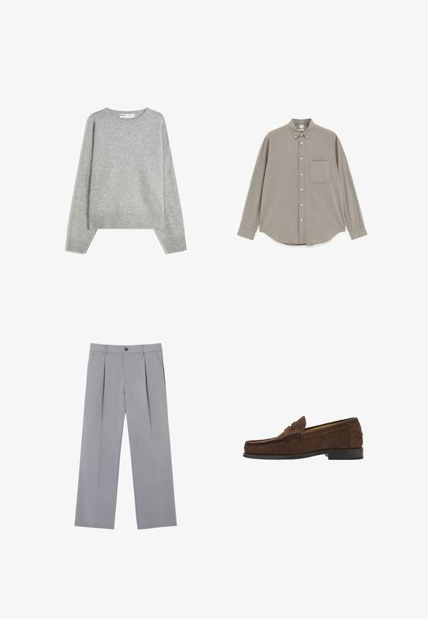 Pull en tricot gris avec un col rond, des poignets et un ourlet côtelés, offrant une coupe décontractée et une texture douce.; Chemise à manches longues beige avec une poche poitrine unique et un col boutonné, étalée à plat sur un fond blanc.; Pantalons plissés gris à coupe décontractée, en tissu léger. Comprend des poches avant et une fermeture à bouton à la taille.; Mocassin en cuir suédé marron avec un petit talon noir et une bride décorative sur le dessus, vu de côté.
