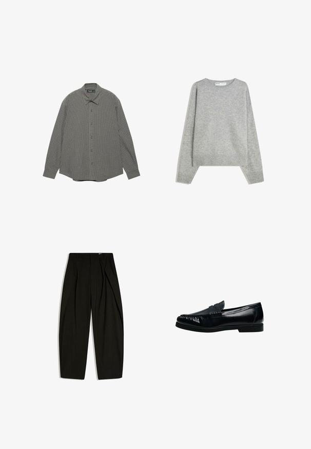 Pull en tricot gris avec un col rond, des poignets et un ourlet côtelés, offrant une coupe décontractée et une texture douce.; Chemise boutonnée à manches longues avec un col classique et un petit motif à carreaux dans des nuances de gris et de marron.; Pantalon noir taille haute ajusté avec de fines rayures verticales et un pli avant, présenté à plat sur un fond blanc.; Mocassin penny loafer pour homme en cuir noir avec bout moc cousu et petit talon, présenté de profil sur fond blanc.